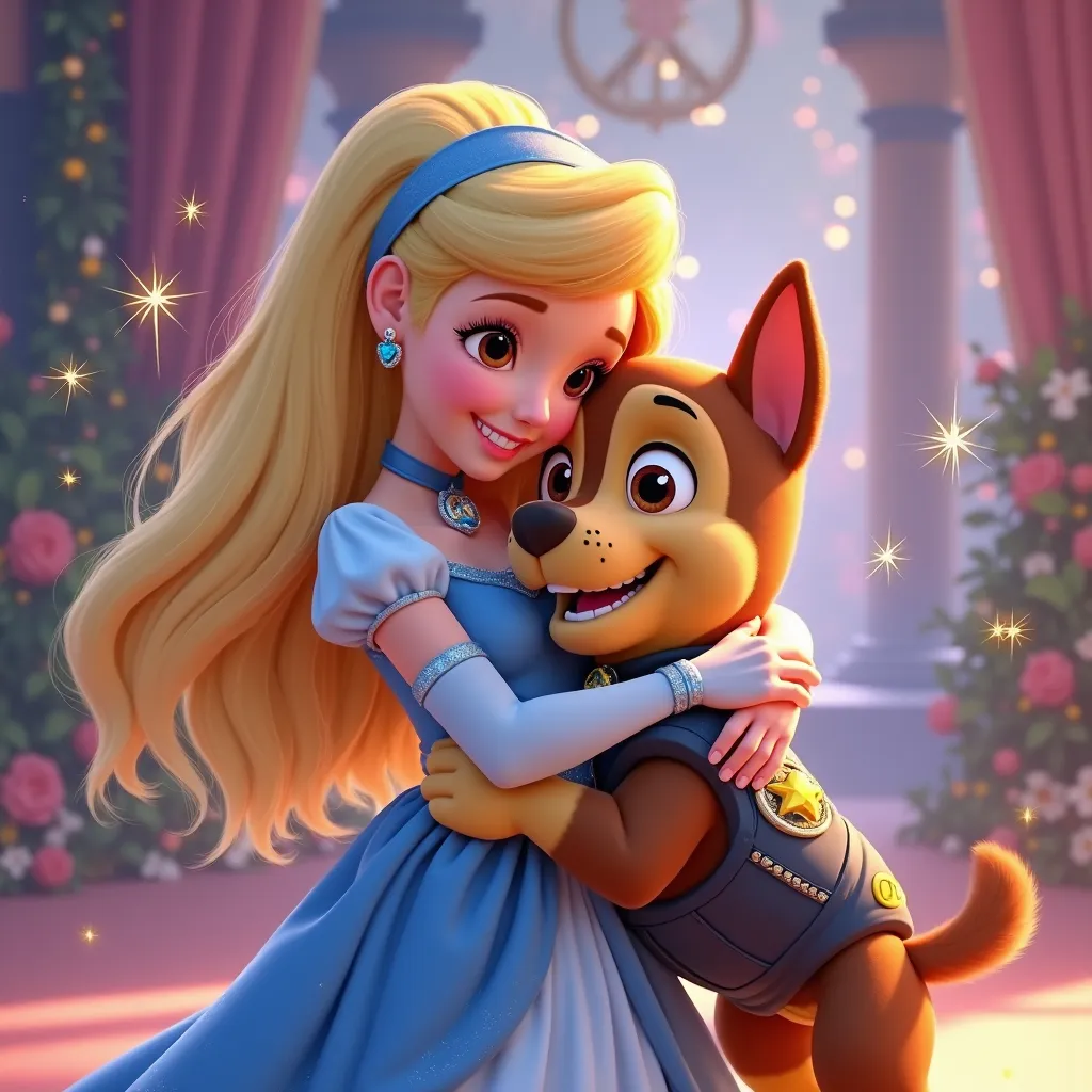 Generate a high-quality animated illustration of Princess Cinderella as a  with her beautiful yellow hair and her very pretty blue dress, hugging Chase, the main dog of Paw Patrol. Both must show warm and friendly expressions, reflecting an emotional conne...