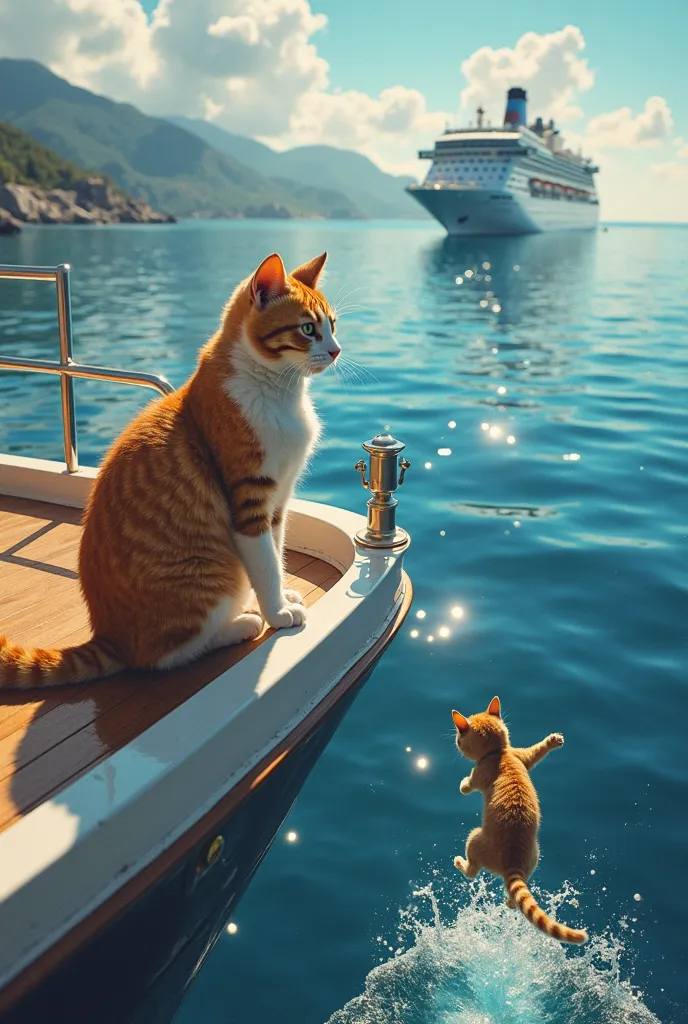 "On a luxurious cruise ship sailing across the ocean, an anthropomorphic cat She looks elegant and cool and approaches the edge of the deck.  on its side,  A small kitten , innocent and distracted, observes the sea without suspecting anything. With a look ...