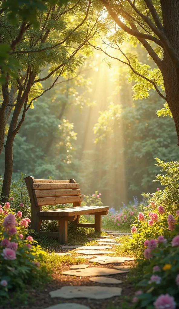 A flowery garden with rays of sunshine shining among the trees.  in the center, An empty bench, as if God were there, waiting for a moment of communion with those who wish to speak to Him