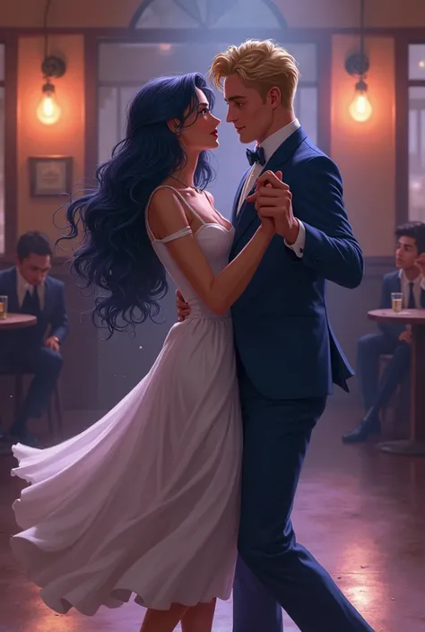 Blue-eyed blond man and blue-black haired woman with lavender eyes in the 1960s dancing