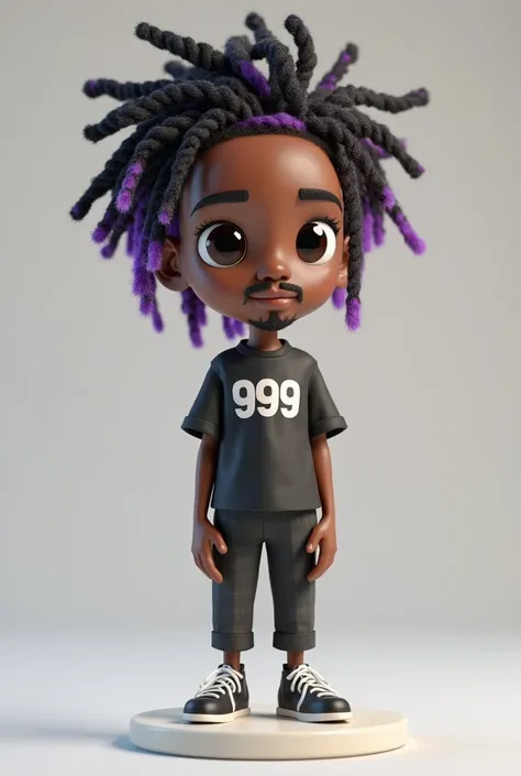 Now create another 3D model of A black adolescent male boy with a thin goatee or a neatly trimmed line on the chin and mustache with dreads with purple tips with a black shirt with the number 999, action figure doll seen from above with a white and round b...