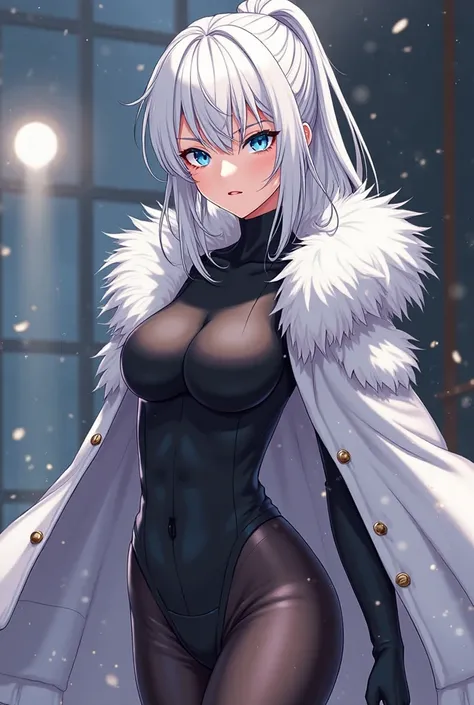 anime style, white hair, blue eyes, stylish,  Woman,  fur coat , powerful, Young, short hair,  pantyhose 
