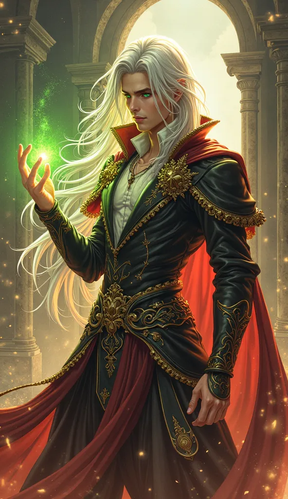 Create a stunning, highly detailed mangá-style illustration of a  male mage, angel,featuring long, flowing hair color, platinum  hair with a silky, luminous texture, and piercing [eye color, e.g., glowing emerald green, fiery crimson red, luminous golden y...