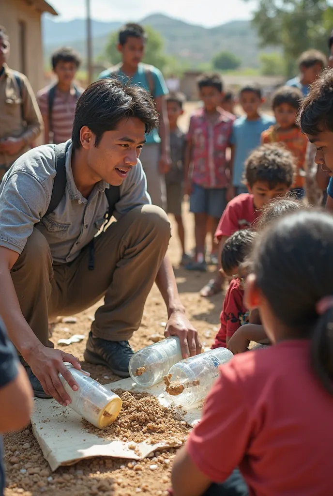 Scene: In the town square, students install an artisanal water filter made with recycled materials. ren and adults are watching closely. Luis (ingenious students, with lenses) explains the process.
dialogue:
Luis: "With plastic bottles and sand, we can pur...