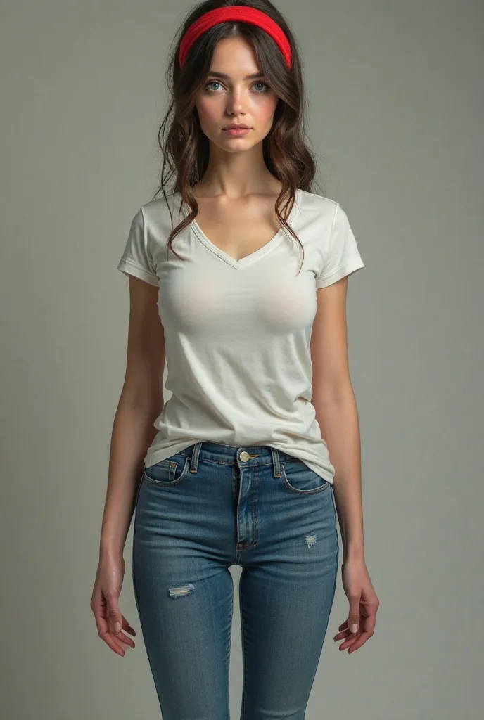 Realistic photo, (((thin))), (((young woman))), (((big blue eyes))), (((a red headband on her head))), (((red shoes))), (((full body))), (((white t-shirt and
blue jeans))), (((very large and sagging breasts))). Realism.