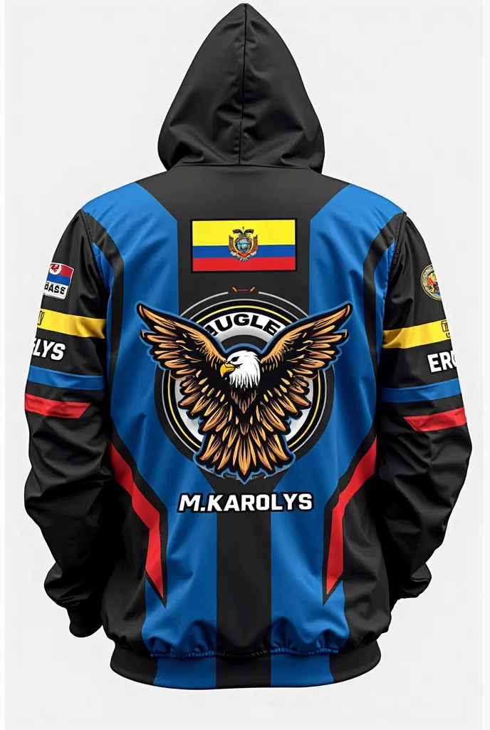 Design a rally sports jacket with a front and back view, black and blue background, front view: in the upper right quadrant put the flag of Ecuador and below the name "M. KAROLYS" and at the bottom the design of a rally eagle, in the back view, make the te...