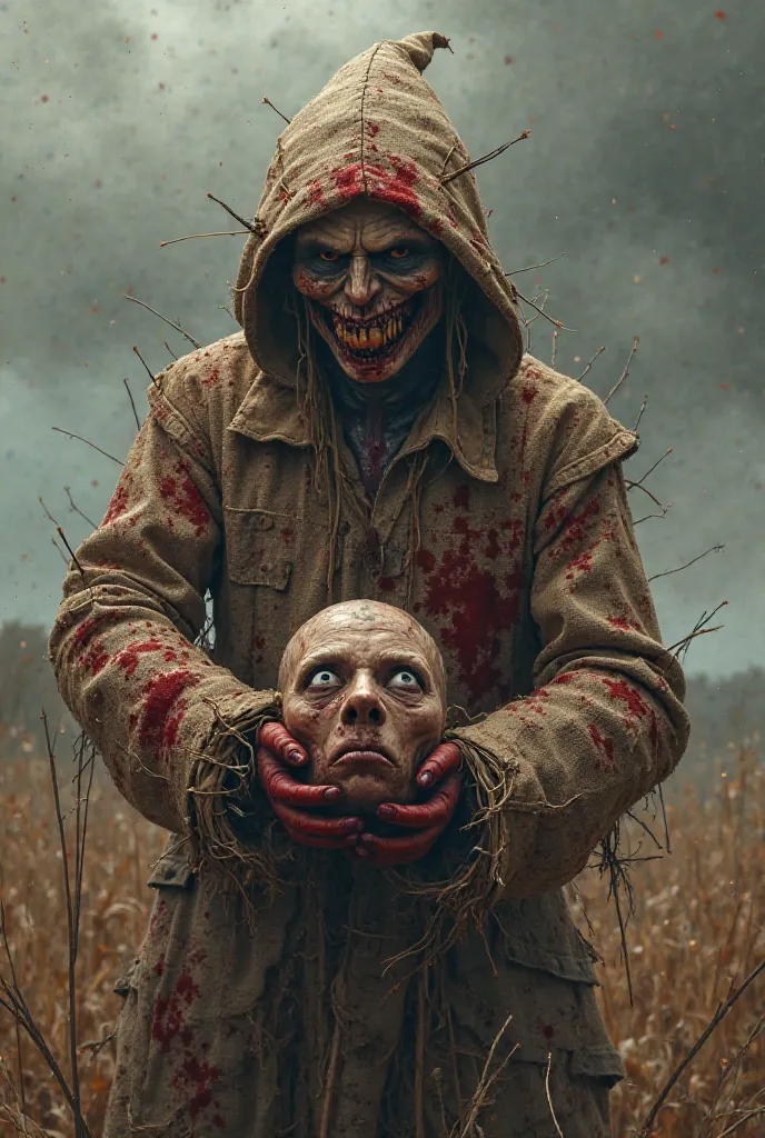 A realistic evil scarecrow covered in blood holding back a human head