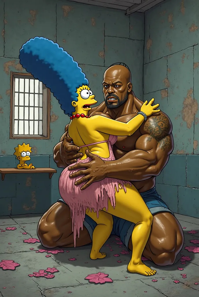 Marge sweaty naked with a big black guy in prison Homer watching from the outside 