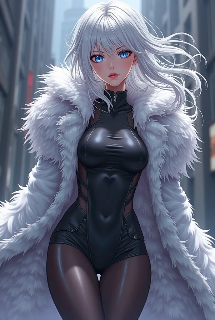 anime style, white hair, blue eyes, stylish,  Woman,  fur coat , powerful, Young, short hair,  pantyhose 
