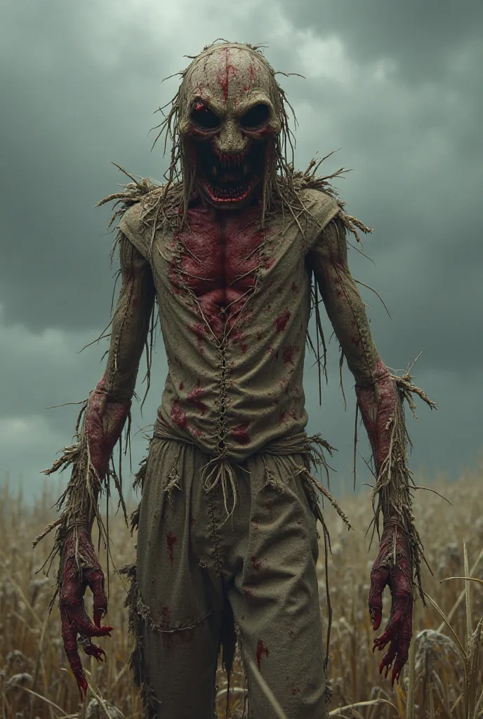 A realistic evil scarecrow covered in blood 