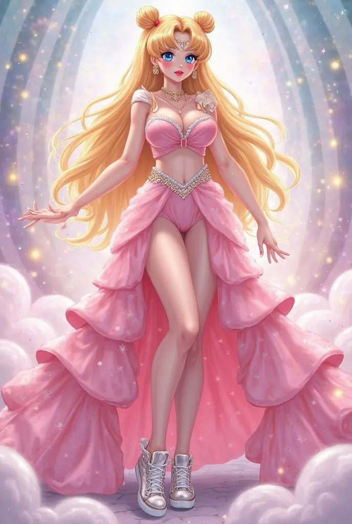 Serena Tsukino has yellow hair, blue eyes, red lips, big breasts with pronounced hips, wearing a long, fluffy pink princess dress with a diamond-encrusted neckline with silver sneakers. 