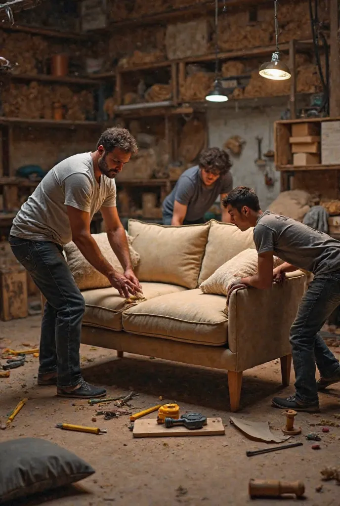 One man screws his legs to the sofa frame, that conveys passion and team spirit while working {x} where little people work to make it. The atmosphere should be rich and dynamic, another pulls on the upholstery, and the third adds pillows. Tools are scatter...