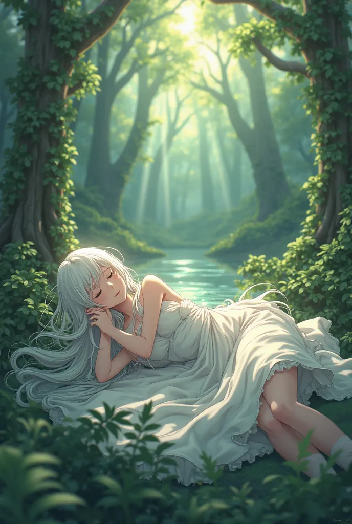 Create an anime girl with white hair and a half-broken white dress sleeping in the middle of the woods 