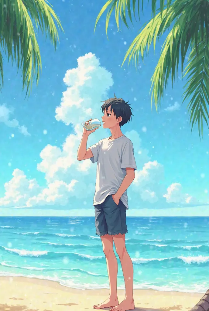 An anime boy drinking water on the beach