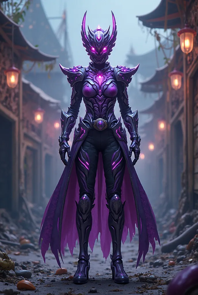 Purple female Kamen rider suit with ghost poltergeist theme and a dark horror circus in the background 