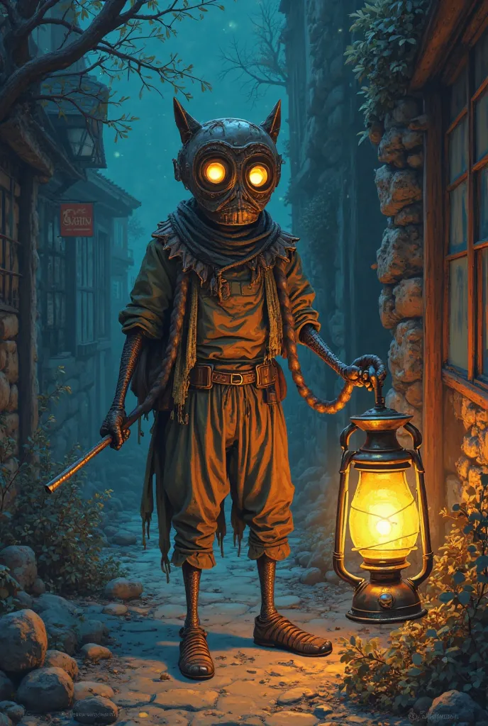 high-quality illustration, 8K ultra HD, From this fragment of the story "Tin lamps" by Álvaro Mutis: "My homework, my destiny, It is to always keep this grotesque brass bright and ready for its nocturnal and brief hunting function. And what I dreamed of so...