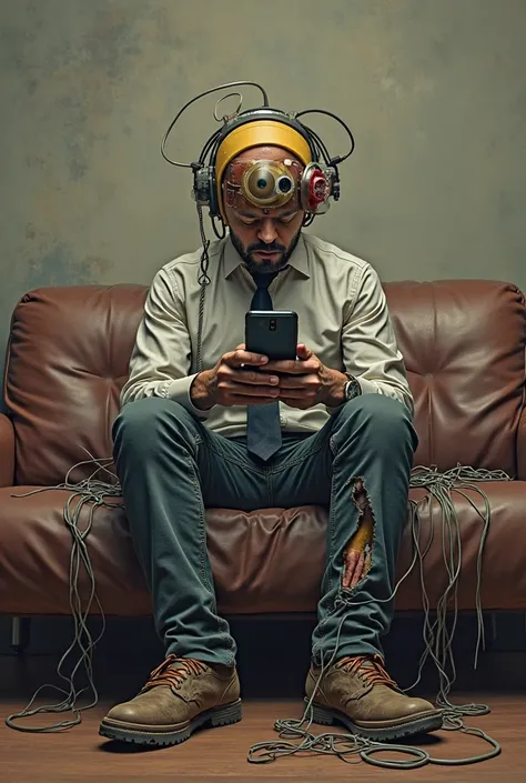 @Meta AI 

Make me a surrealism art, the subject is a human, focused and addicted to his phone, sitting in a sofa, his legs are on the table in front of him. His left eyes popped out but is staring at the phone, and that eye has wires instead of an optical...