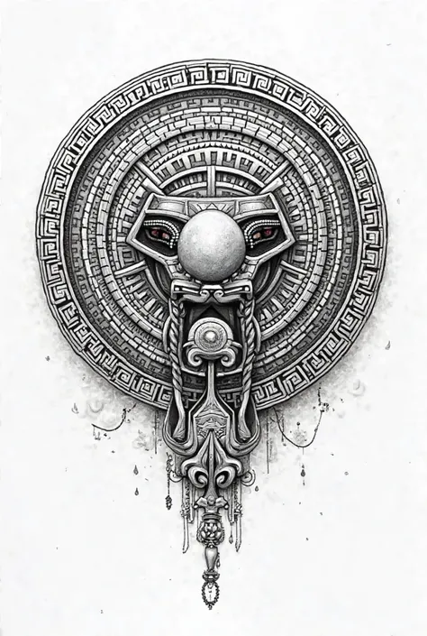 I want a round Aztec calendar, With a white background I draw only with the features of the black drawing and with a very badass quero algo com cultura japonesa e um rosto de anime no meio, e flores de cerejeira 