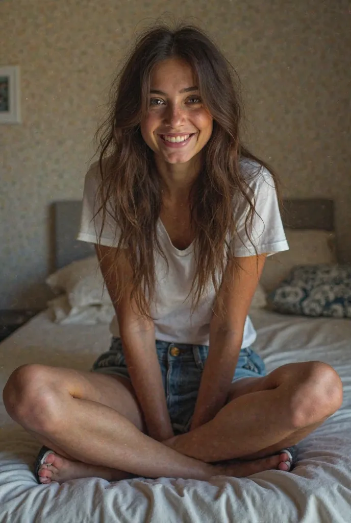  girl. Very slutty face, hyperrealistic full-body photo of a 16-year-old Spanish girl, legs very far apart and open showing the crotch,  Very very daring laugh, very disheveled, blue eyes, ,  Sitting on a bed in grandma's bedroom, legs wide apart, Very sex...