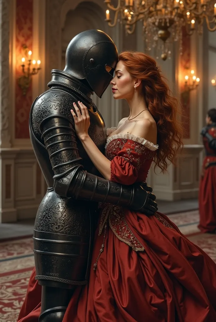 A knight with a black full face helmet and armor in love and dancing with a beautiful woman in a dress renaissance oil painting style