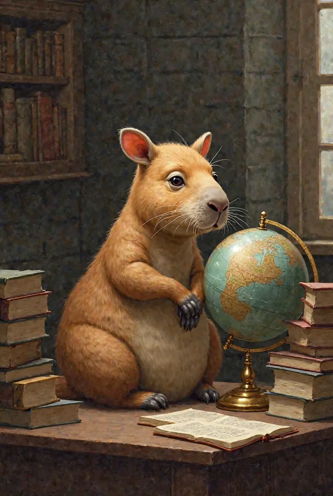 A capybara of history, with books and a globe on a table, looking forward with a background that has a history behind it 