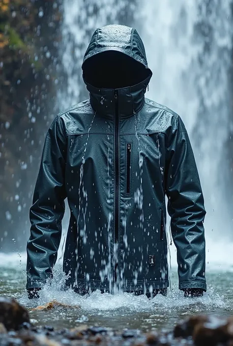 Ultra realistic photo of water falling from top to bottom on waterproof jacket with transparent background . Water does not enter the jacket , it's too much water to make it clear that the jacket is waterproof.