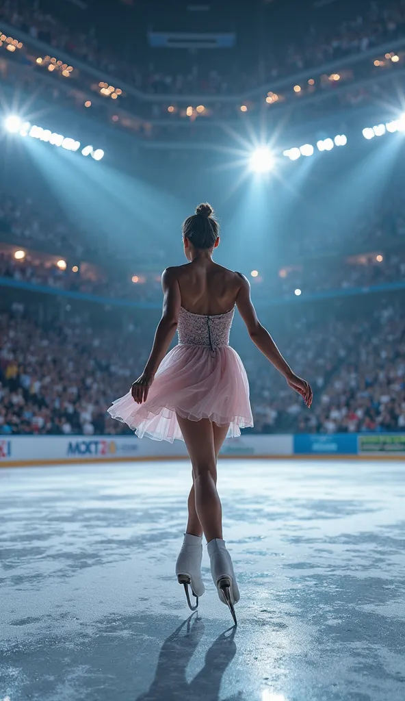 photo realiste d une salle de competition de patinage artistique avec une foule, la camera a la vue du patineur (on voit avec des yeux)