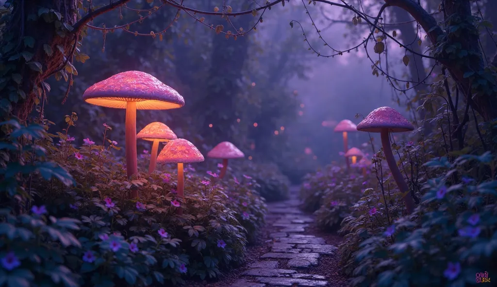 An opaque background image with dominant colors (opaque purple and black), Night garden with mushrooms, morute