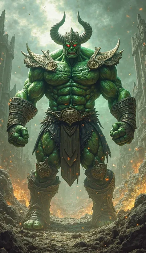 Make me a fusion of Shao Kahn from Mortal Kombat and the Hulk, merging the personality and appearance of the two full-length characters in an arena 