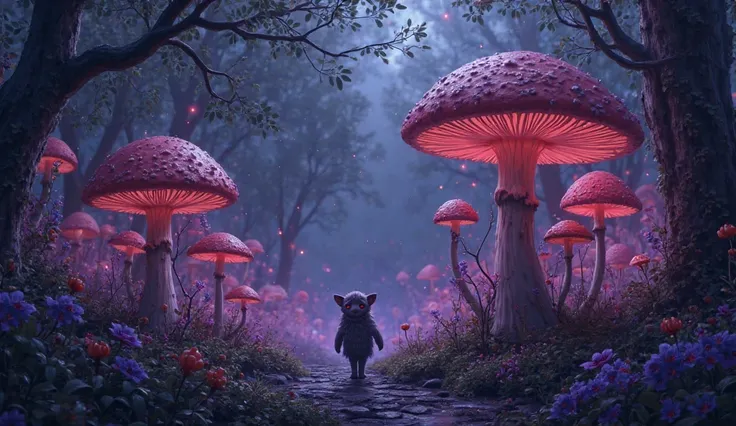 An opaque background image with dominant colors (opaque purple and black), night garden with mushrooms, morute, Dibujoç