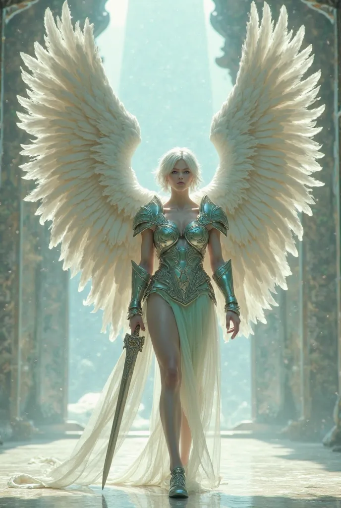  Masterpiece , top quality ,Full body 8k photo , super realistic, AN ARCHANGEL , white skin, with huge wings ,wings full of feathers , blue eyes , light green armor, holding a sword, fantasy setting Celestial City ,  short white hair swimsuit,  in the back...