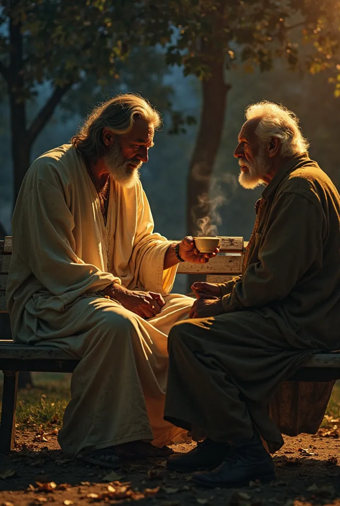 Create a deeply emotional image of Jesus Christ sitting beside an elderly man on a park bench at night. The elderly man looks frail and lonely, his face weathered and his clothes worn. Jesus is clearly visible, his figure glowing softly with a golden light...