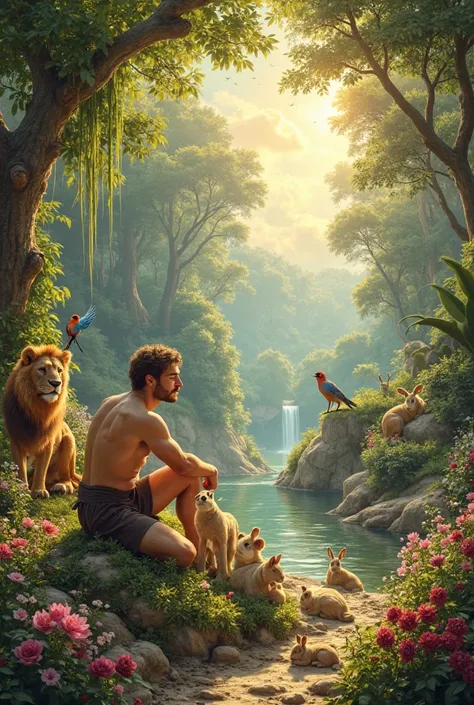 A serene and vibrant depiction of Adam and Eve in the Garden of Eden, surrounded by a variety of animals in lush,  paradisiacal environment . Adam and Eve is shown kneeling or standing in a peaceful pose, gently interacting with surrounding creatures. His ...