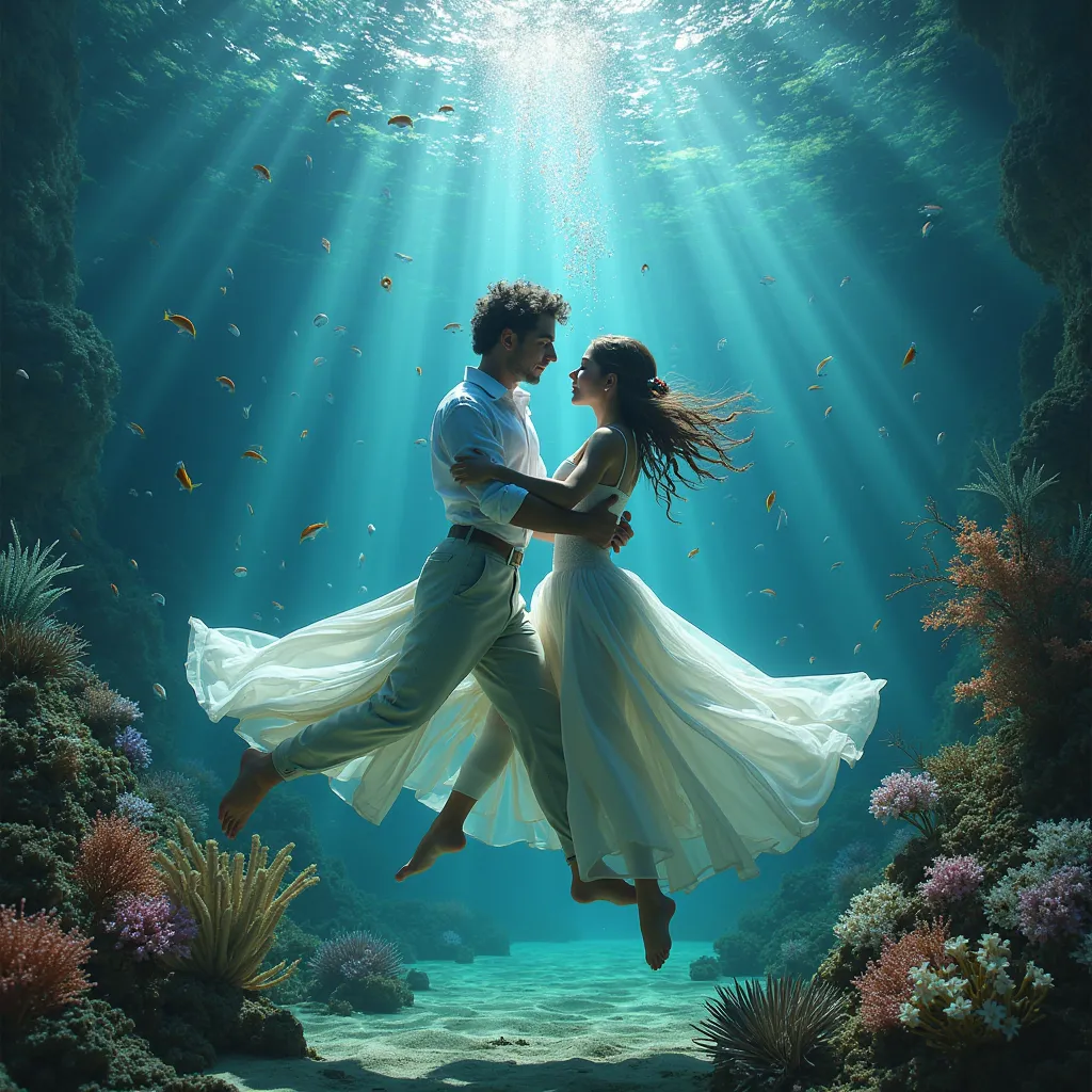 A man and woman dancing on the stage but all of them in de deepest point in the ocean. There is an orchestra around the dancers. And there are so many flowers around them