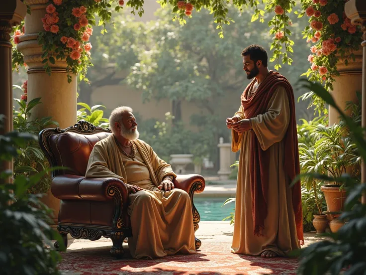 The richest man in Babylon sits on a leather sofa in the palace garden and gives advice to his tall and strong middle-aged son