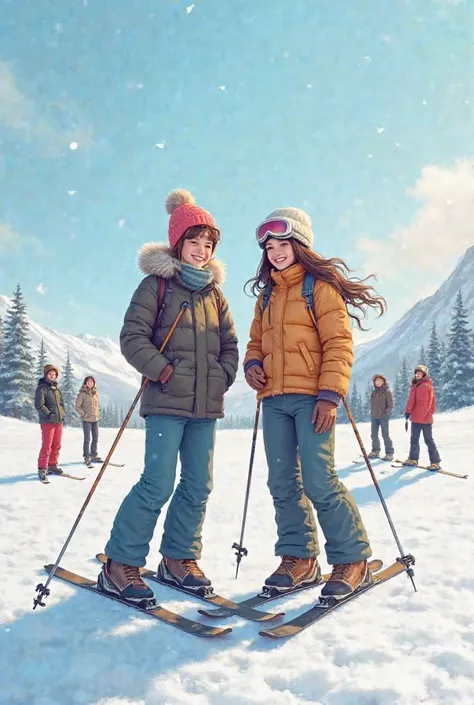 make me a picture where two friends are standing on skis on a snowy plain without helmets and armed with beautiful girls also without helmets  