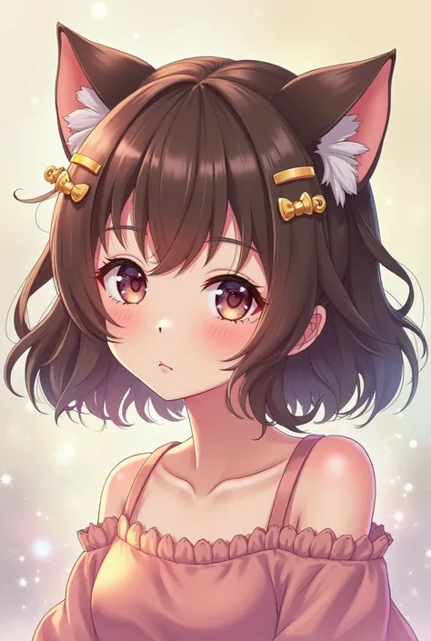 Create an image of an  with an unusually shaped hairstyle your fluffy brown hair, securing it with cute cat hair clips, and had applied some powder to make her skin appear lighter. anime style