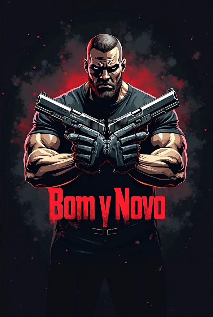 Make a logo with a  holding two pistols and in the middle of it the name BOM Y NOVO 