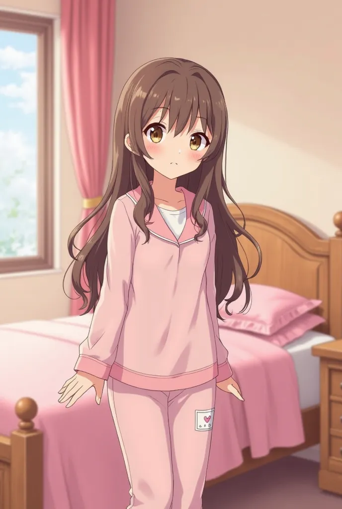 Cute fourteen years old a little long brown haired anime girl with her pink pajamas standing blushing in front of her pink bed (anime version)