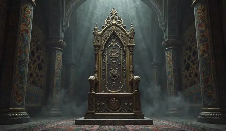 An imposing empty papal throne, shrouded in shadows and mysterious symbols.