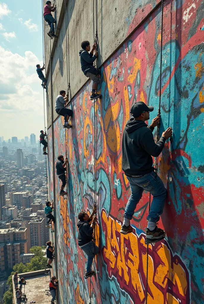 Draw a group of graffiti artists, climbing down a building by rope and painting streetwear art containing skateboard,  basketball court , Rap-style people