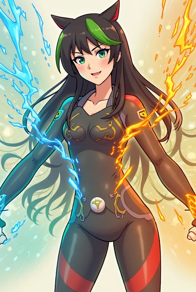 Create a My Hero Academy character with these traits: *Name:* Yana Kanai
*Age:* 16
*Individuality:*  elements of nature
* Personality :* playful
*Name de Heroi:* Lady World
*Hair and Height:* Long dark brown hair with green highlights,blue,red, yellow and ...