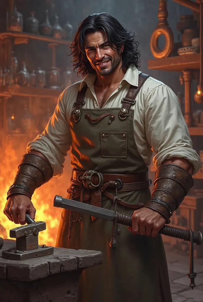 An art-style character from the world of Tormenta RPG. A dark-haired qareen with strong arms, with an easy smile and friendly expression, always ready for a good conversation. He is a common figure in the workshop, where he works forging weapons, or in the...