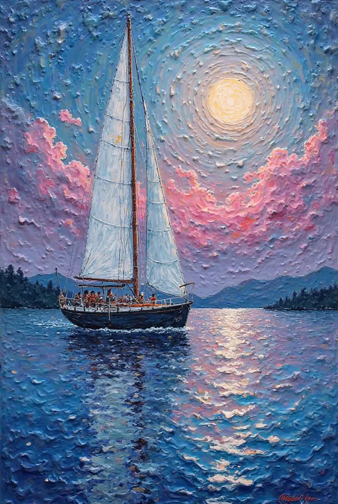 a big white sailboat rippled the water, impasto painting, landscape art style inspired by Claude Monet and van Gogh, rough brushstrokes, a palette of pinks, blues, and purples. a beautiful night with full bright moon in background.