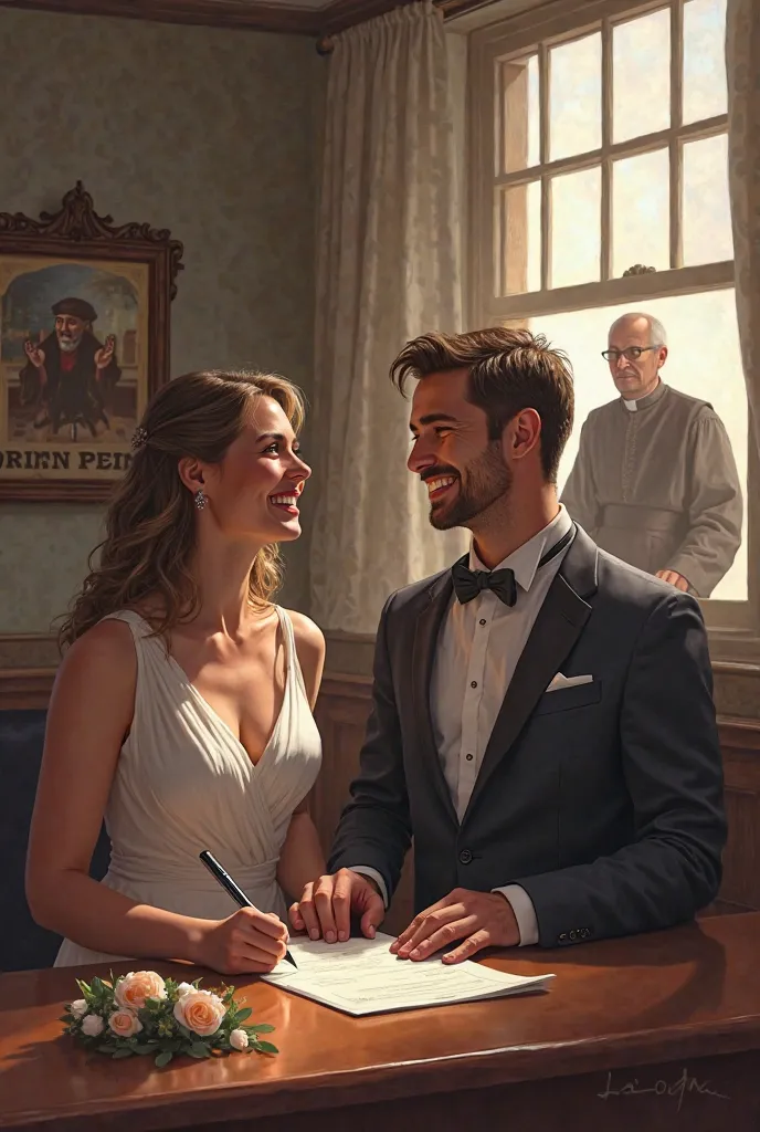 A smiling couple signs a marriage certificate in a government office, while a priest watches them with disgust from a window