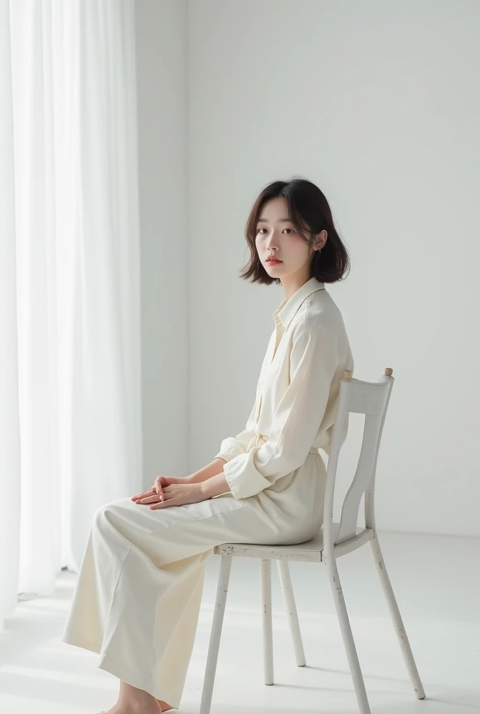 Pure white room, A woman sits on a chair, She's looking right in front,side shot, bust shot