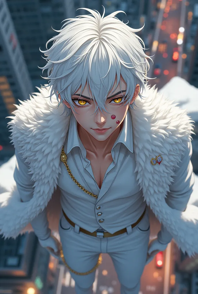 A young man with short, messy white hair, with threads gently falling over his forehead, partially covering his golden and penetrating eyes. His intense gaze is relentless, conveying absolute confidence and overwhelming superiority, as if it were unreachab...