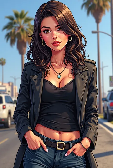 a woman dressed in black, GTA 5 style illustration, cartoon, colorful, bright colors