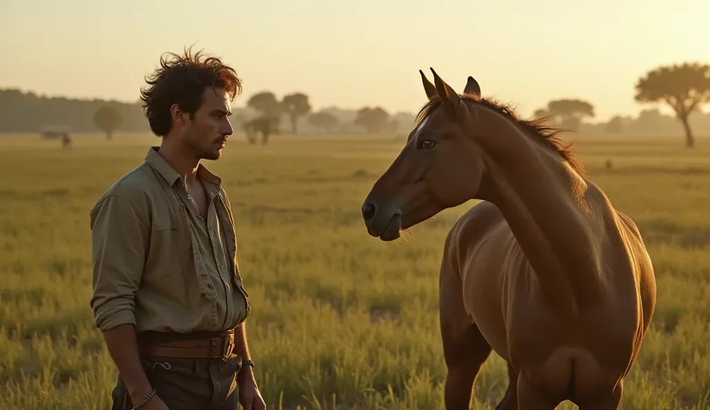 In an open field next to the corral,  gabriel , , is closer to Fury for the first time. The soft light of dawn illuminates the scene.  gabriel  estende a mão lentamente para o cavalo, his expression of fascination and fear mixed. He wears the same simple c...