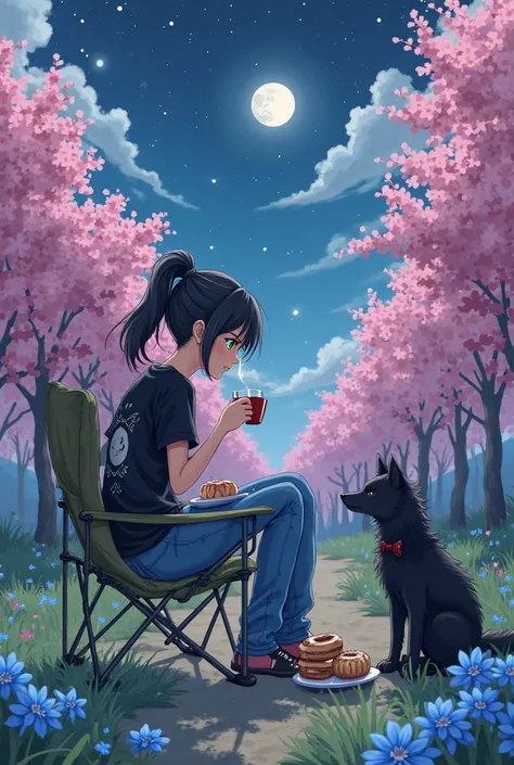 Create an anime-style image: Background of a country-style landscape with sakura trees and blue flowers on the floor. Being at night where you can see the moon and the stars up high.A woman is sitting in a camping chair drinking tea and next to it there is...